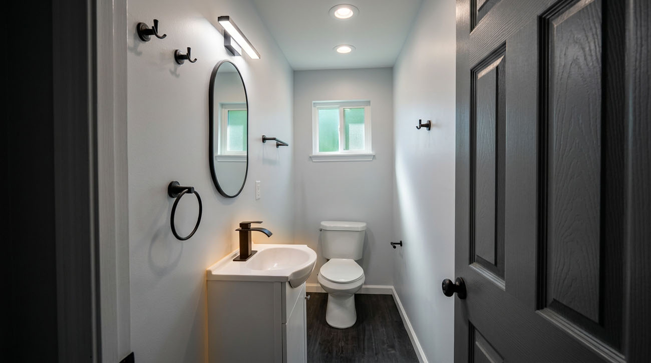 Bathroom remodel with new flooring installation