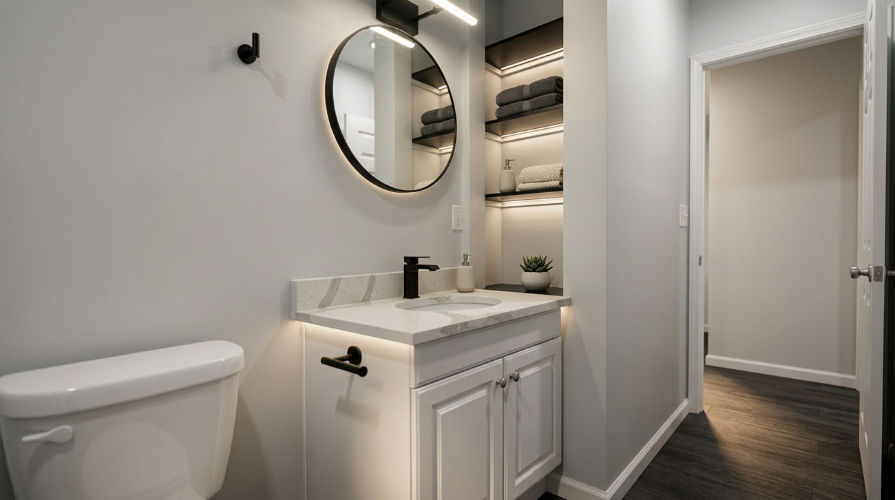Bathroom remodel with modern white vanity
